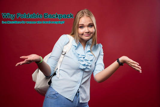 A woman holding a foldable backpack, showing its compact and stylish design. The backpack is made of high-quality materials and offers ample space for all your essentials.