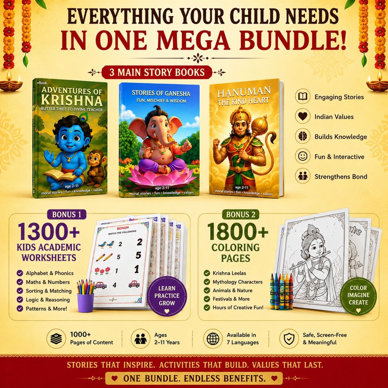 Mythology Books Combo for kids (Krishna, Ganesha, Hanuman) + 30 Free Coloring Book